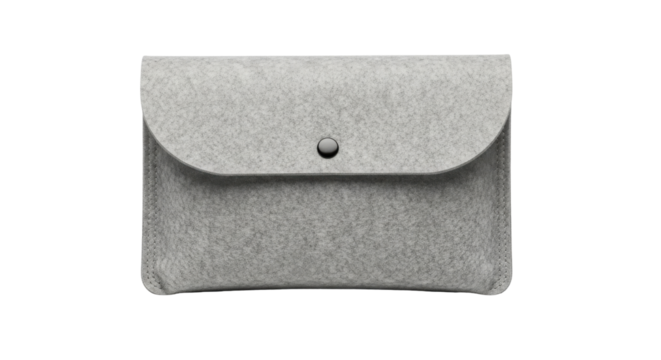 A close-up shot of a gray felt laptop sleeve with a button closure.