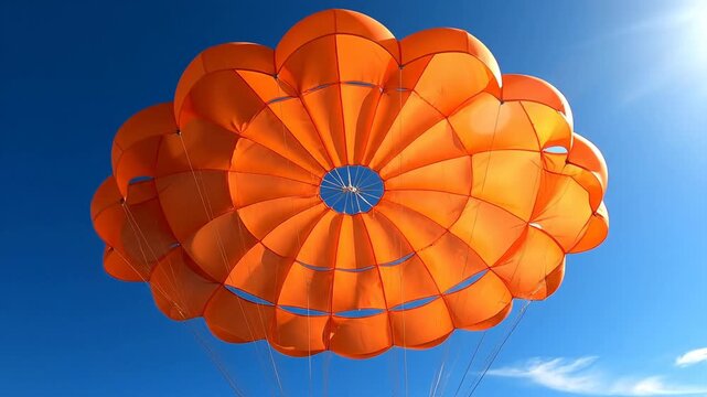 Bright orange parachute flying against a clear blue sky on a sunny day