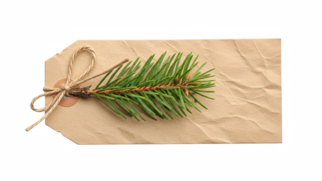 Kraft paper tag with a tied string and a green pine branch on top placed on a black background on transparent background