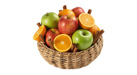 Wicker basket filled with red and green apples oranges and cinnamon sticks isolated on a transparent background