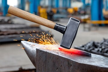 Blacksmith hammering hot metal on anvil creating sparks