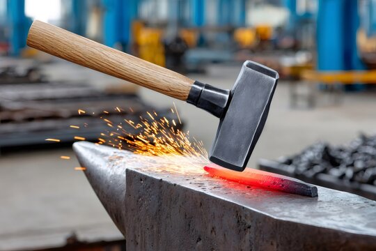 Blacksmith hammering hot metal on anvil creating sparks - Powered by Adobe