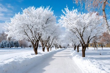 Winter landscape with frost covered trees lining a snow path