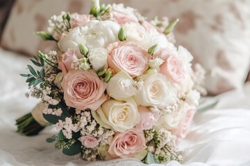 A beautifully arranged bouquet of pink and white roses, surrounded by delicate baby's breath and lush greenery, set against a soft, white background.