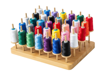 A wooden thread spool organizer with a variety of colorful thread spools arranged neatly.