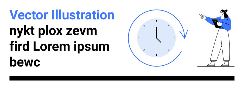 Woman analyzing time with tablet and pointing at clock. Ideal for productivity, workflow, time management, scheduling, modern work, education tools, simple landing page