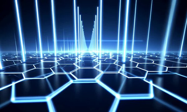 Futuristic digital landscape with glowing blue hexagonal grid floor and vertical light beams extending upwards into a dark void representing data flow and network connections