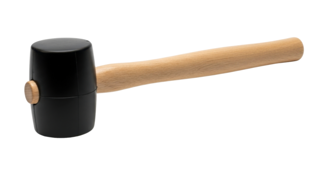 Close-up shot of a black rubber mallet with a wooden handle on a white background.