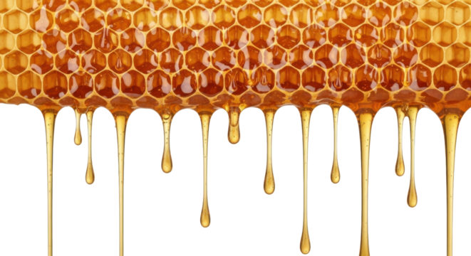 Close-up shot of a honeycomb dripping with golden, viscous honey against a white background.