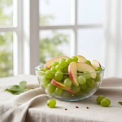 Crisp Green Grapes and Sliced Apple in Glass Bowl on Minimal Linen Tablecloth, Bathed in Natural Daylight