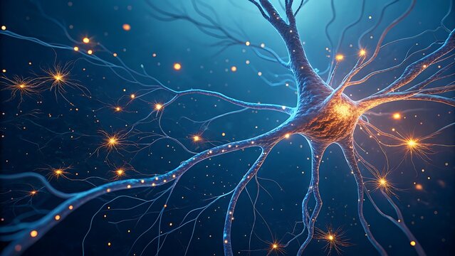 Abstract digital representation of a neuron with glowing synapses and electrical impulses in a dark blue, futuristic, technological background, symbolizing brain activity and artificial intelligence