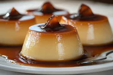 Creamy flan desserts with dark caramel topping, resting on a white plate, close-up