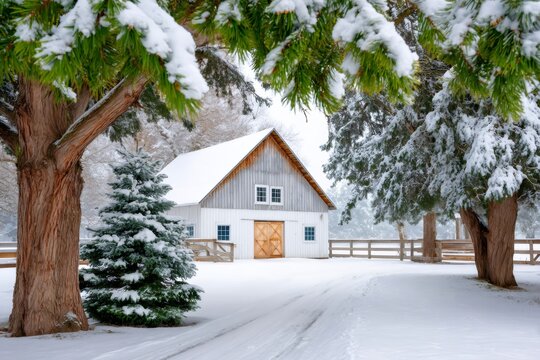 White barn in winter landscape with snow