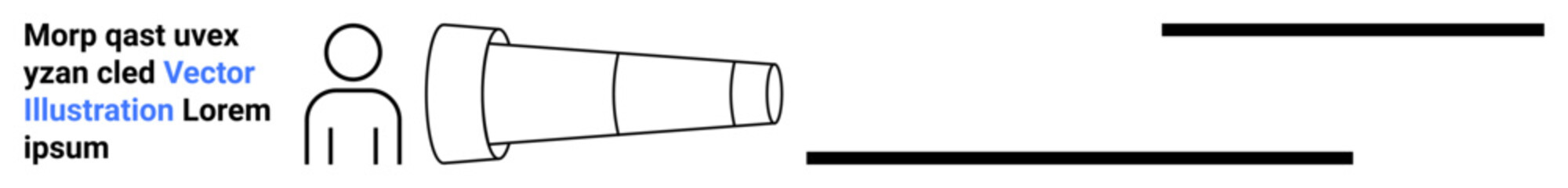 Education, technology, exploration, vision, focus, discovery. A person holding a telescope alongside conceptual graphic lines and space for text. Education and technology