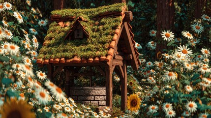 Rustic wooden well structure covered in lush moss nestled among a dense field of blooming daisies