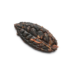 Dry pressed puer tea in shape of leaf on white background