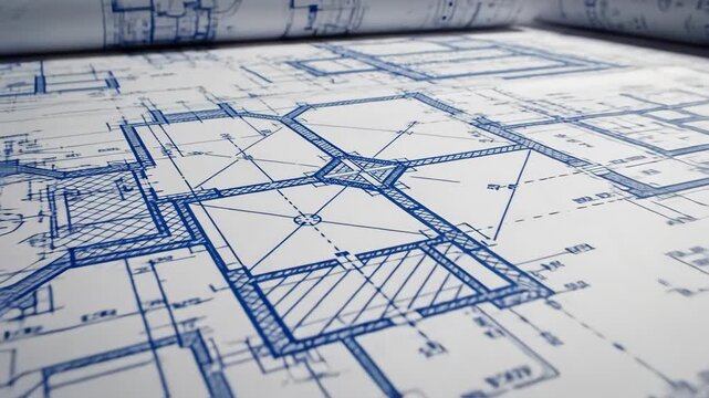Intricate blue architectural blueprints unfurled displaying complex building designs and floor plans