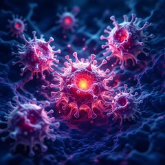 Abstract cancer cells glowing in a dark biological environment, symbolizing disease growth, mutation, and the hidden battle inside the human body