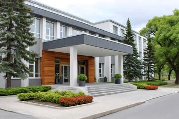 Fototapeta premium Modern building entrance with landscaped green trees