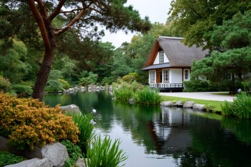 Obraz premium Japanese garden teahouse with thatched roof reflecting in pond