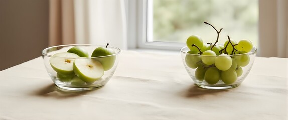 Crisp Green Grapes and Sliced Apple in Glass Bowl on Minimal Linen Tablecloth, Bathed in Natural Daylight
