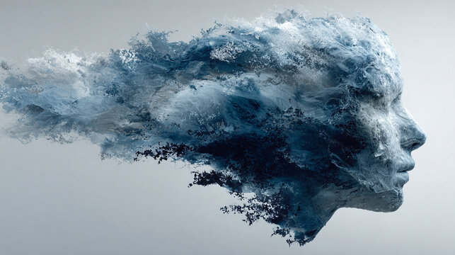 Abstract side profile of a human head with layered structures symbolizing the mind and consciousness, including neural connections, waves, molecules, and psychic energy patterns.