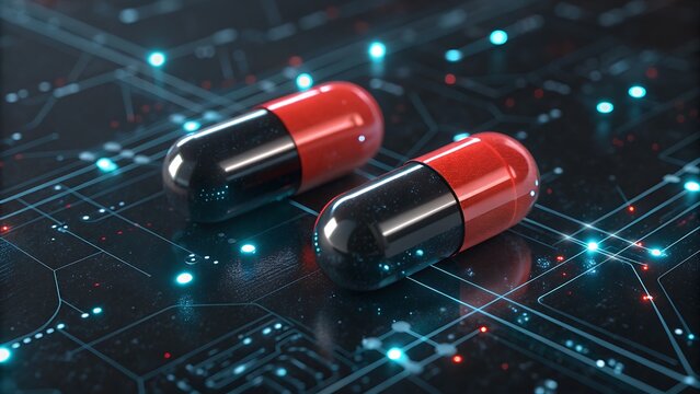 Two red and black pharmaceutical capsules resting on a futuristic, glowing blue circuit board representing digital health, medical technology, and advanced drug delivery systems in a dark setting - Powered by Adobe