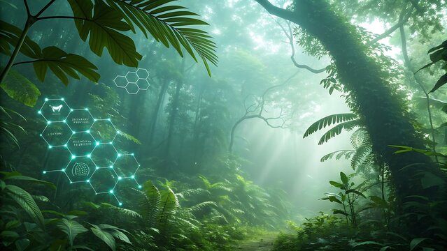 Lush, misty jungle scene with sun rays filtering through dense canopy, featuring a glowing blue hexagonal molecular structure symbolizing nature and technology fusion
