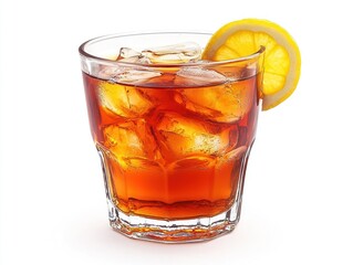 Iced tea in glass with ice cubes and a lemon slice, isolated on a white background