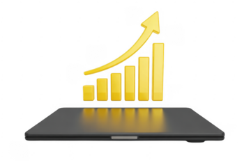 Yellow bar graph with upward arrow rising from a dark gray laptop isolated on a transparent background