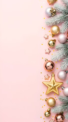 Elegant Christmas Border with Gold and Pink Ornaments on Light Pink Background