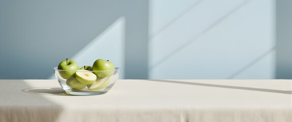 Crisp Green Grapes and Sliced Apple in Glass Bowl on Minimal Linen Tablecloth, Bathed in Natural Daylight
