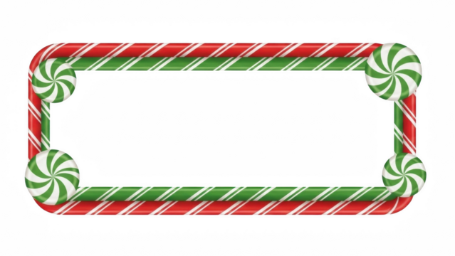 A candy cane frame with red and white stripes and green and white peppermint swirls on a black background on transparent background