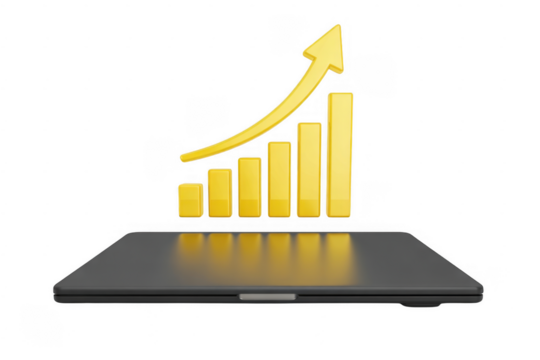 Yellow bar graph with upward arrow rising from a dark gray laptop isolated on a transparent background