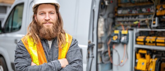 Bearded electrician in hard hat at work site