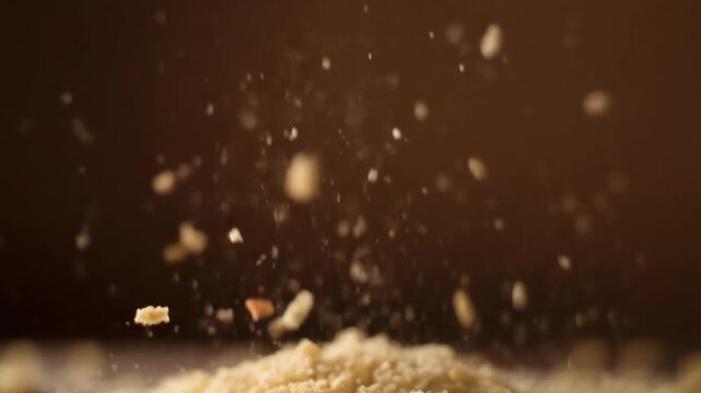 Slow Motion Macro Shot of Golden Crumbs Falling and Bouncing.