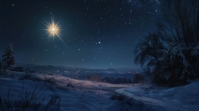 Starry night winter landscape celebrating epiphany three kings day. Horizontal banner. Copy space. Star of Bethlehem, or Christmas Star