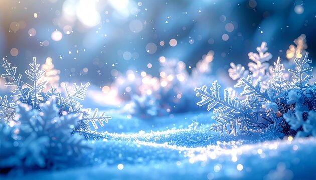 Winter holiday New Year scene with frosty textures, icy blue glow, delicate crystal snowflakes, magical atmosphere