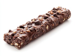 Rectangular chocolate bar covered in chips and nuts on a white background