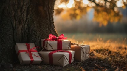 Beautifully wrapped gifts with red bows resting under a tree in the warm glow of sunset.