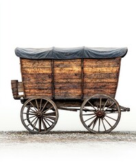 Fototapeta premium Rustic wooden wagon with dark canvas cover sits on cobblestones, isolated on white