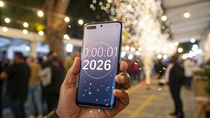 A modern smartphone held in hand, displaying a sleek countdown timer app with "2026" as the target. The screen shows seconds ticking down, with festive confetti animation in the app.
