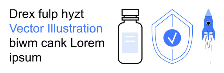Healthcare, security, innovation, safety, pharmaceutical development, space exploration. Capsule bottle, shield with a checkmark and rocket . Healthcare and security concept