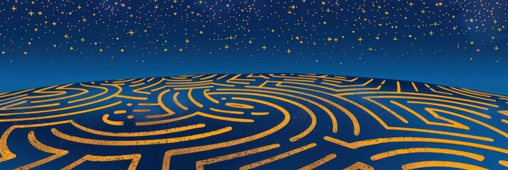 World logic day celebration with abstract maze and starry night sky. Horizontal banner. Copy space. Creativity and Knowledge. World Philosophy Day
