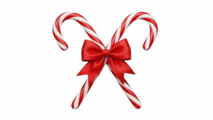 Two candy canes crossed with a red bow against a black background for the christmas holiday on transparent background