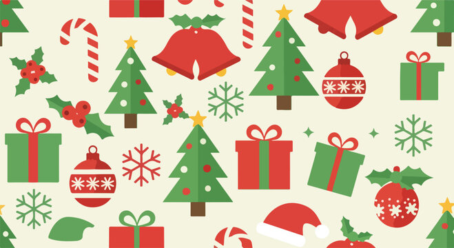 Christmas pattern with gifts, bells, ornaments and trees on cream background to festive xmass38