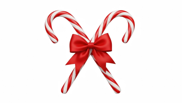 Two candy canes crossed with a red bow against a black background for the christmas holiday on transparent background