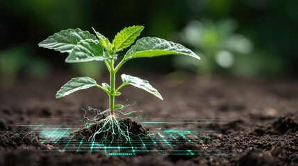 Young green seedling emerges from dark earth showcasing illuminated root system analysis