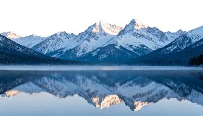 Snow-capped mountains reflected in a calm lake at dawn