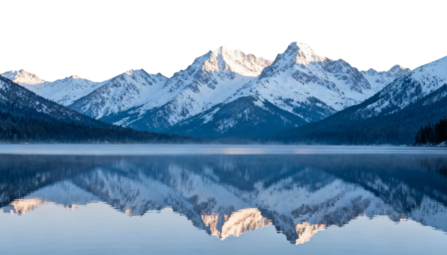 Snow-capped mountains reflected in a calm lake at dawn